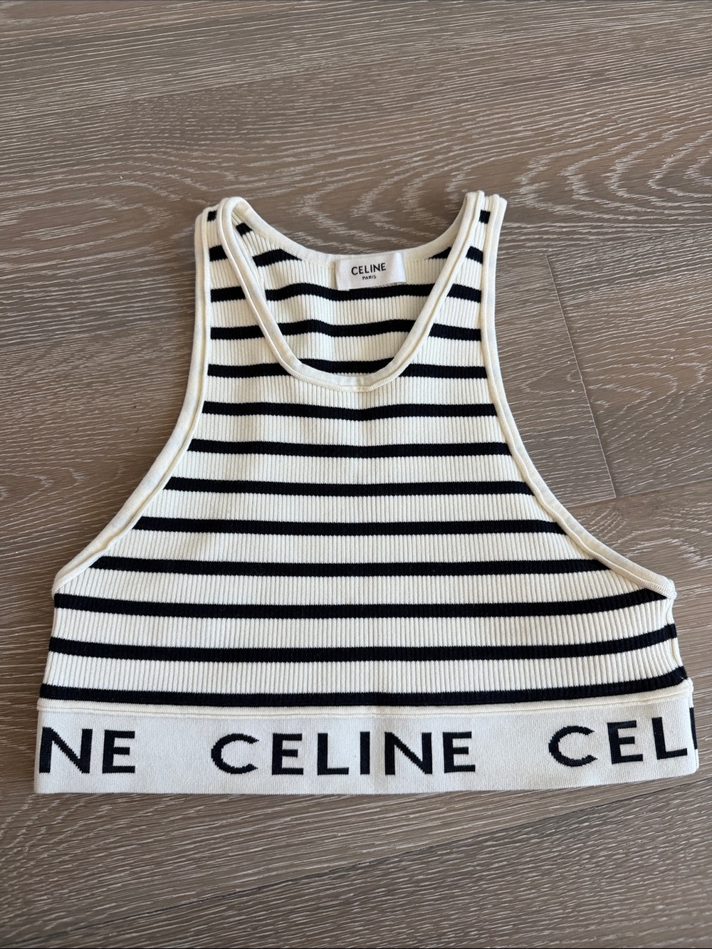 Celine Black & White Striped Ribbed Athletic Bra Top